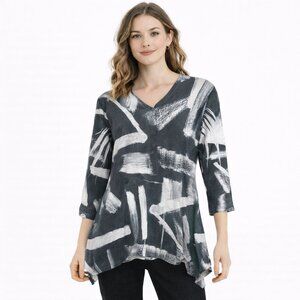 JESS & JANE V-Neck Tunic Blouse Grey White Size Medium NWT